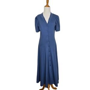 Vintage 1990s Laura Ashley Cottagecore Maxi Dress Blue Prairie Cotton Women 6